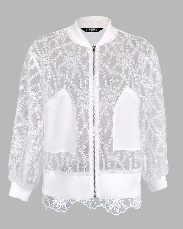 Floral Lace Embroidered Mesh Patchwork High-Low Hem Baseball Coat Casual Side Slit Zip Up Bomber Jacket