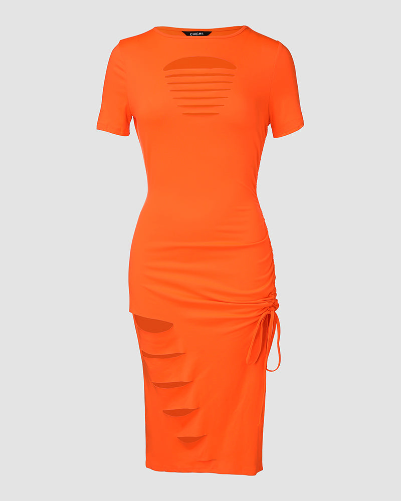 O Neck Short Sleeve Solid Color Cut Out Ruched Drawstring Bodycon Dress With Side Slit
