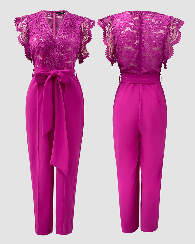 V Neck Scallop Trim Sleeve Lace Patchwork Bow Tie Waist Jumpsuit Casual Seam Front Zipper Back Wide Leg Jumpsuit