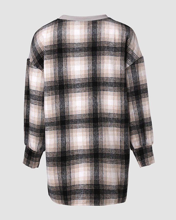 Plaid Print Spliced Long Sleeve Drop Shoulder Sweatshirt Casual Side Slit Top