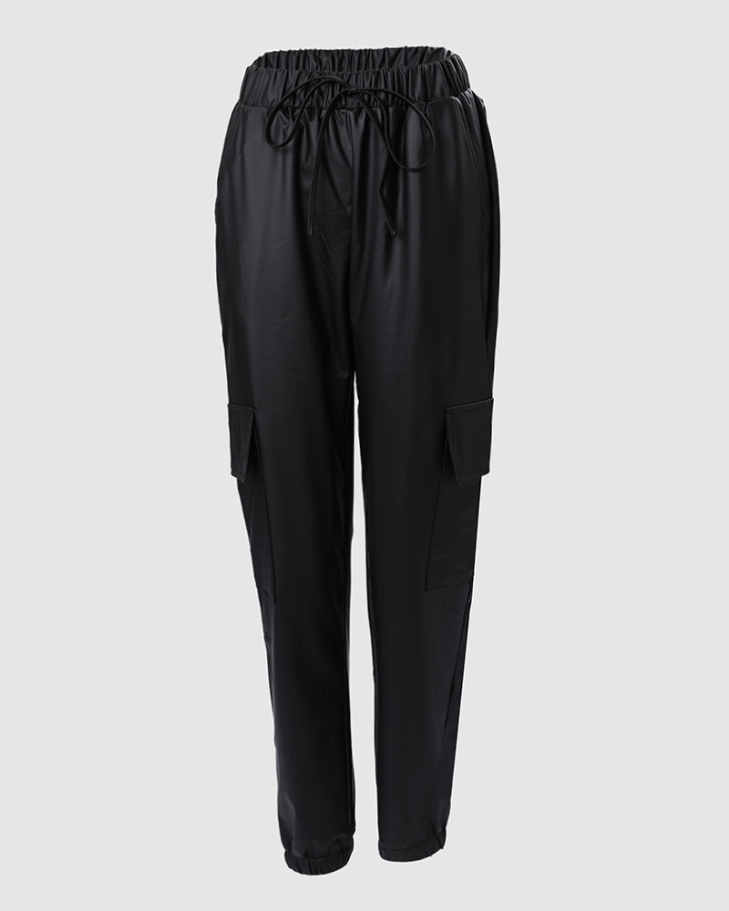 Elastic Waist PU Leather Drawstring Cuffed Pants with Pocket