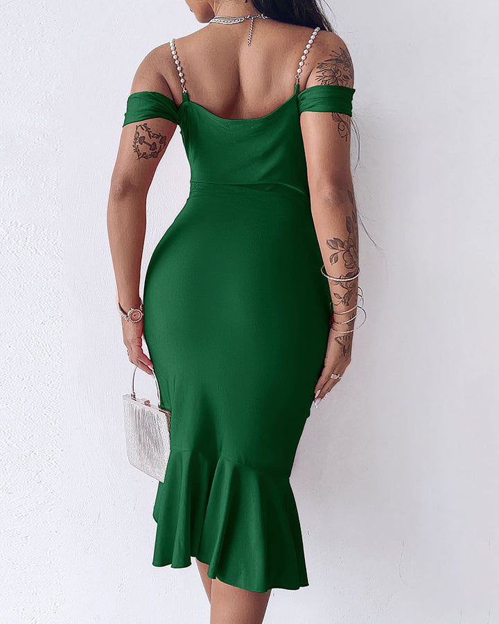 Cold Shoulder Pearls Straps Bodycon Dress Cowl Neck Asymmetrical Ruffle Hem Party Dress