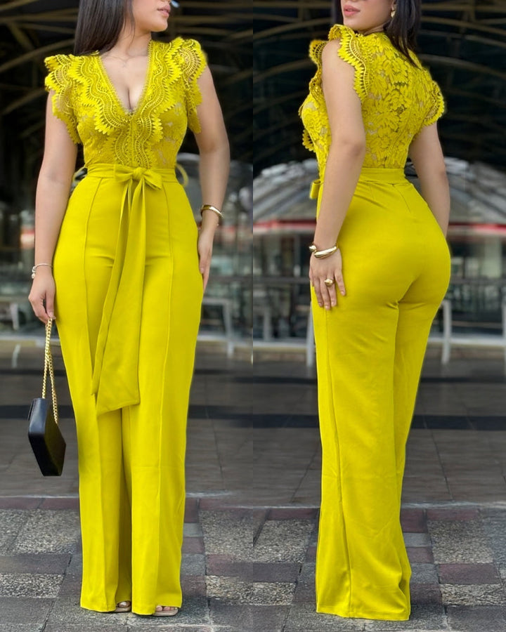 V Neck Scallop Trim Sleeve Lace Patchwork Bow Tie Waist Jumpsuit Casual Seam Front Zipper Back Wide Leg Jumpsuit