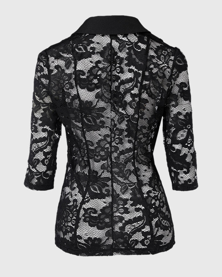 Lapel Neck Lace Patch Single Button Flap Detail Sheer Blazer Coat