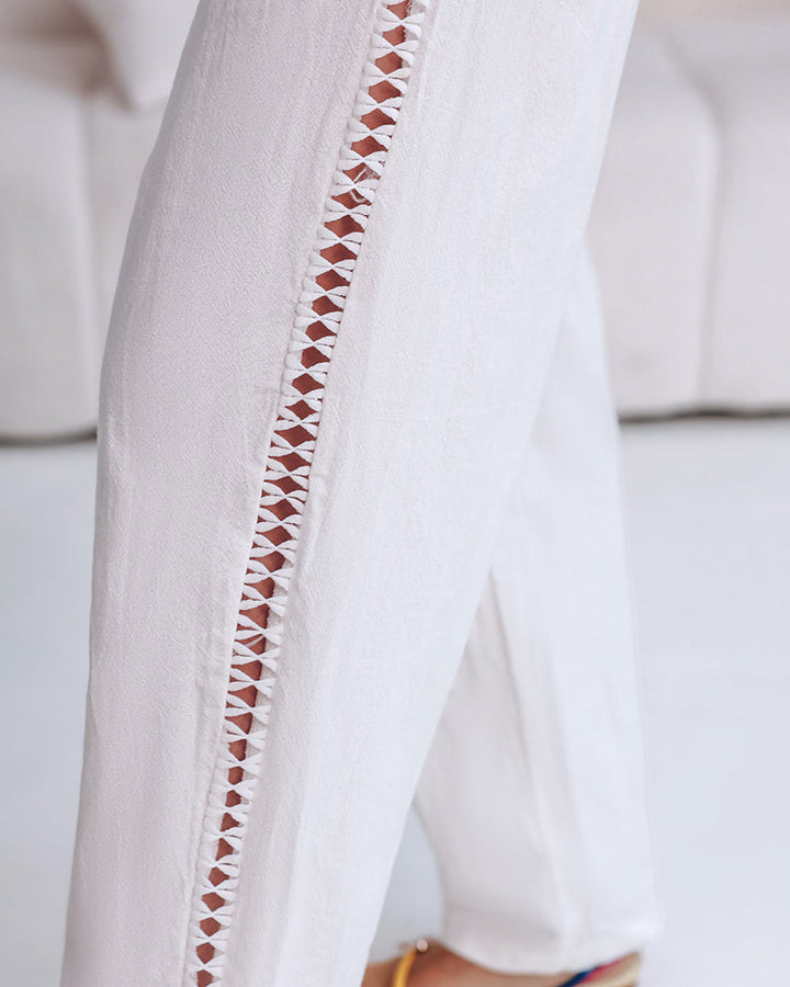 Hollow Out Lace Patch Pocket Design Casual Pants