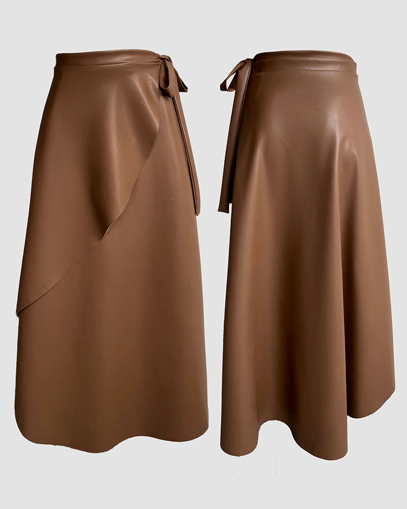 PU Leather Wrap Lace-Up Casual Mid-Length Skirt Work Skirt