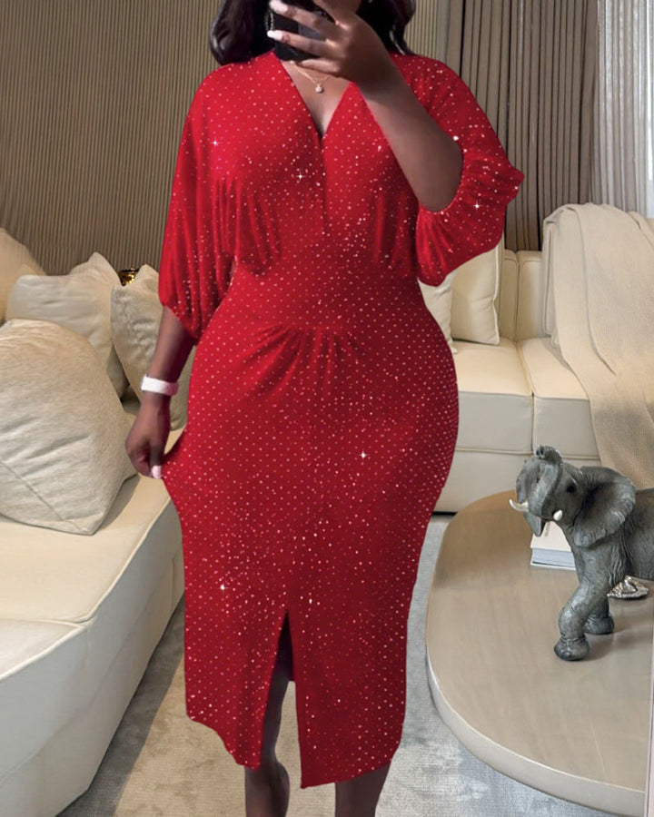 Glitter Rhinestone Lantern Sleeve Plunge V Neck Velvet Dress Elegant Slit Bodycon Midi Dress