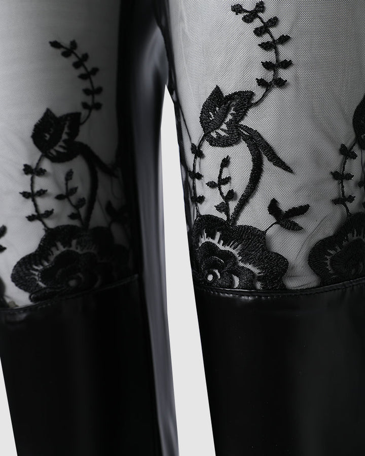 Contrast Lace PU Leather Skinny Pants