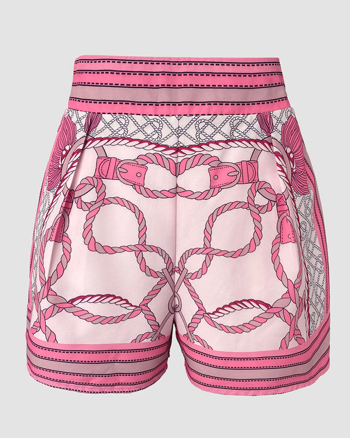 Chain Print Stand Collar Lantern Sleeve Button Front Top and Casual Elastic Waist Shorts Set