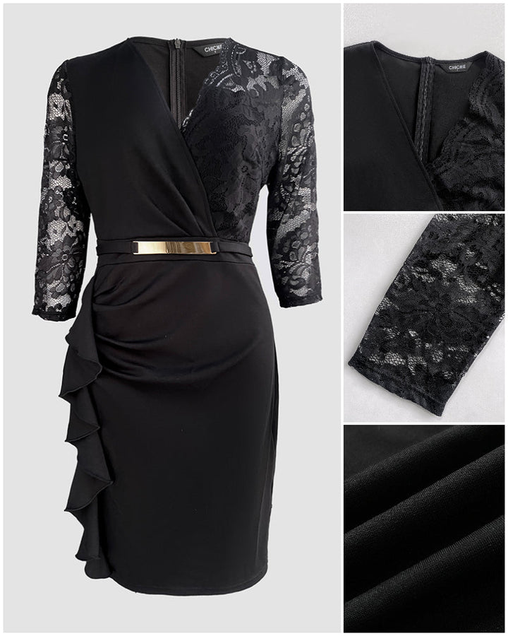 Metal Decor V-Neck Lace Spliced Three Quarters Sleeves Ruffles Design Evening Dress Zipper Back Slit Slim Fit Party Dress with Belt