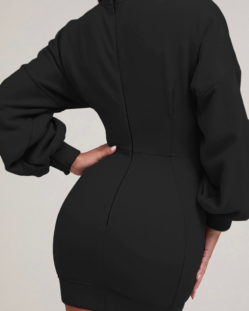 Lantern Sleeve Bodycon Pullover Sweatshirt Dress Crew Neck Mini Dress