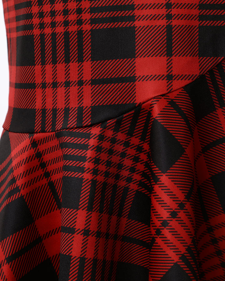 Plaid Off Shoulder Ruffle Hem Slit Dress