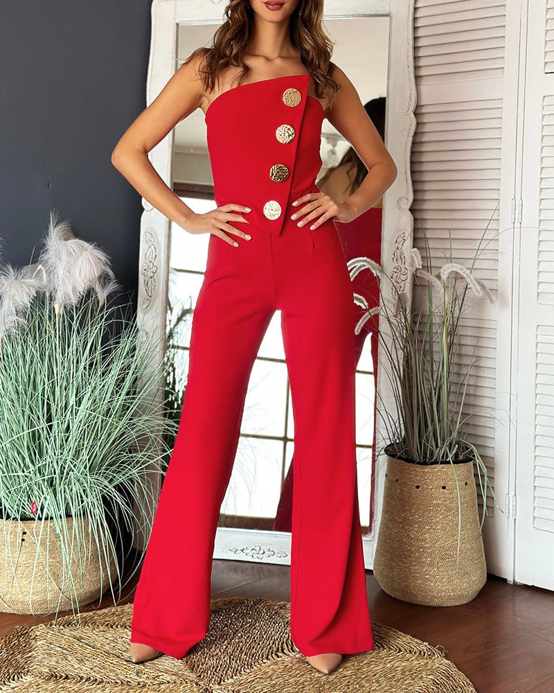 Asymmetrical Bandeau Strapless Jumpsuit Metal Button Decor Casual Overalls