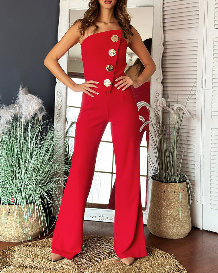 Asymmetrical Bandeau Strapless Jumpsuit Metal Button Decor Casual Overalls