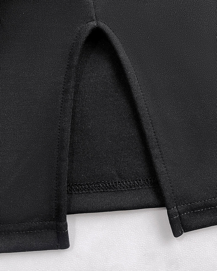 Metal Decor V-Neck Lace Spliced Three Quarters Sleeves Ruffles Design Evening Dress Zipper Back Slit Slim Fit Party Dress with Belt