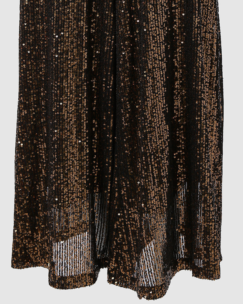 High Waist Allover Sequin Wide Leg Flared Nightout Party Pants