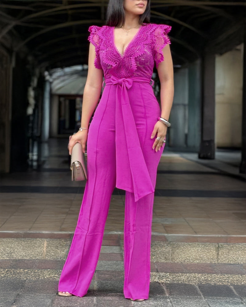 V Neck Scallop Trim Sleeve Lace Patchwork Bow Tie Waist Jumpsuit Casual Seam Front Zipper Back Wide Leg Jumpsuit