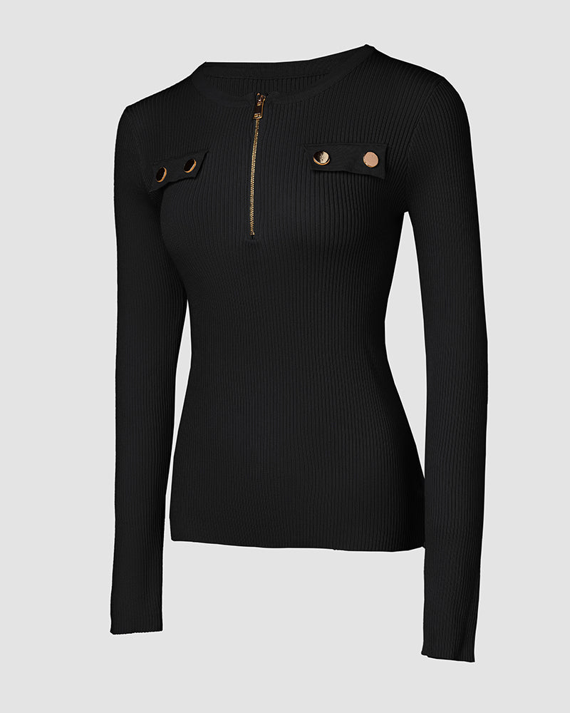 Crewneck Half Zipper Flap Detail Knit Sweater Long Sleeve Slim Fit Ribbed Pullover Top
