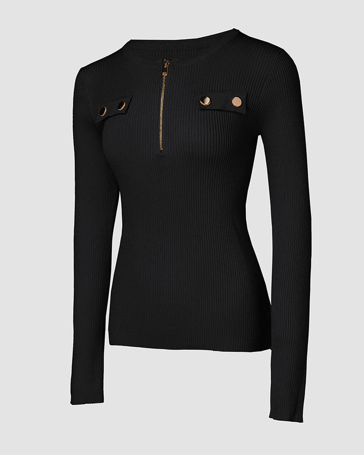 Crewneck Half Zipper Flap Detail Knit Sweater Long Sleeve Slim Fit Ribbed Pullover Top