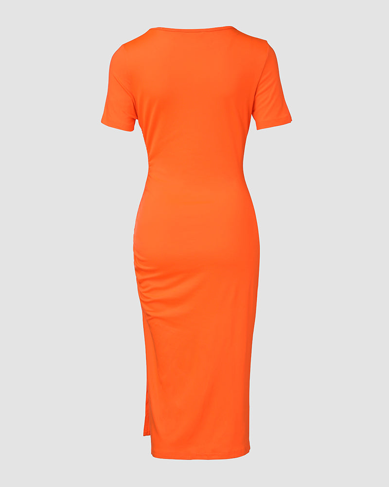 O Neck Short Sleeve Solid Color Cut Out Ruched Drawstring Bodycon Dress With Side Slit