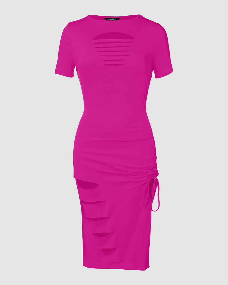 O Neck Short Sleeve Solid Color Cut Out Ruched Drawstring Bodycon Dress With Side Slit