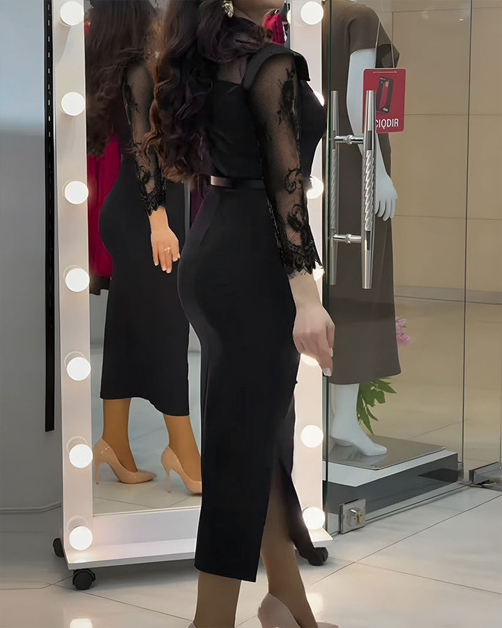 High Neck Long Sleeve Lace Pattern Mesh Patchwork Chic Zipper Mid-Calf Dress