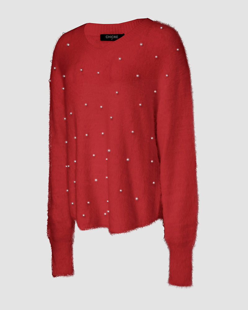 V Neck Long Sleeve Beaded Decor Oversized Sweater Fluffy Pullover Top