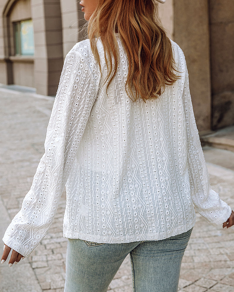 Eyelet Embroidery Turn-Up Sleeves Open Front Coat