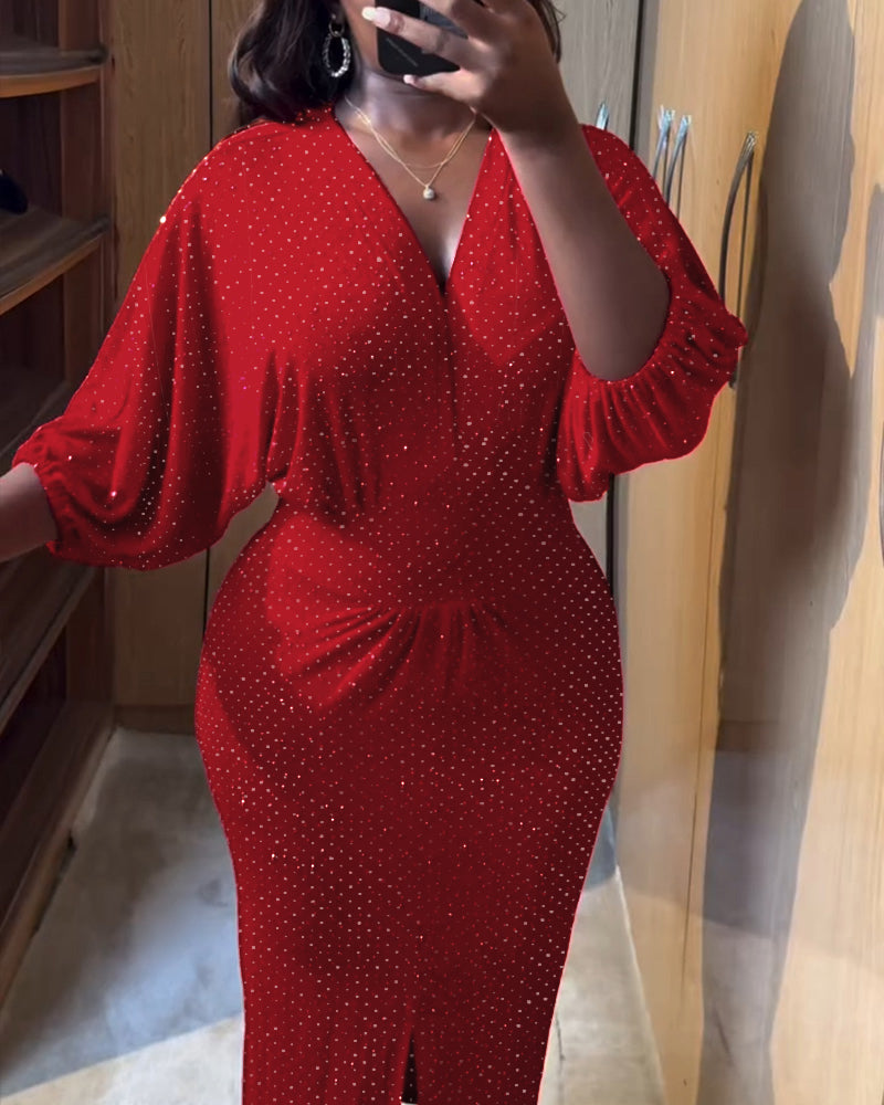 Glitter Rhinestone Lantern Sleeve Plunge V Neck Velvet Dress Elegant Slit Bodycon Midi Dress