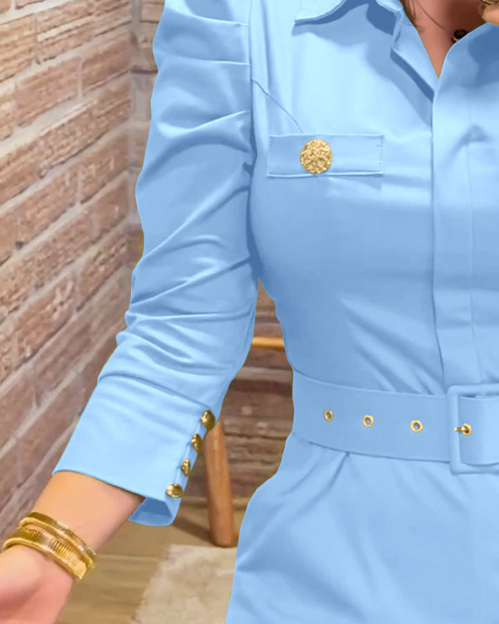 Turn-down Collar Long Sleeve Button Decor Front Slit Slim Fit Mid-Calf Dress Work Bodycon