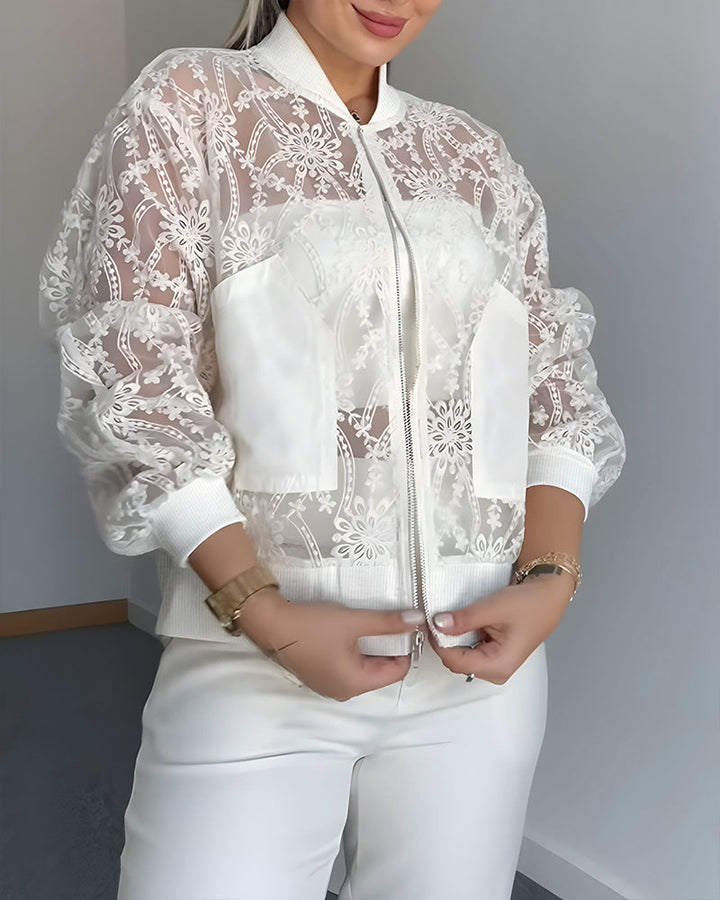 Floral Lace Embroidered Mesh Patchwork High-Low Hem Baseball Coat Casual Side Slit Zip Up Bomber Jacket