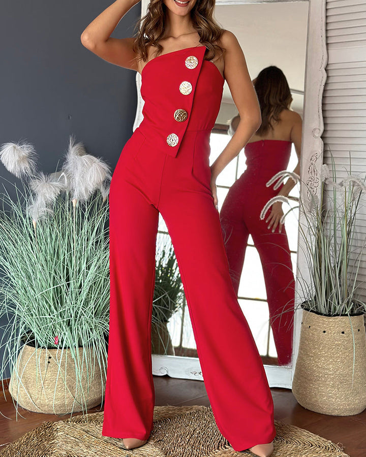 Asymmetrical Bandeau Strapless Jumpsuit Metal Button Decor Casual Overalls