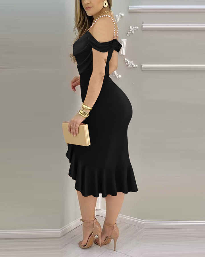 Cold Shoulder Pearls Straps Bodycon Dress Cowl Neck Asymmetrical Ruffle Hem Party Dress