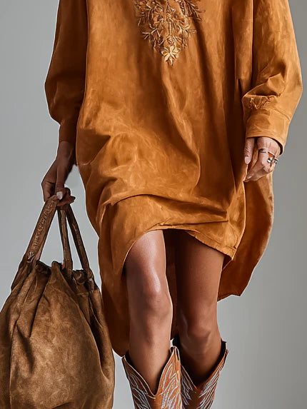 Loose Lapel V-Neck Printed Midi Dress