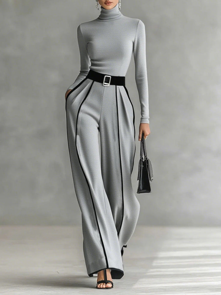 Black Trim High-Neck Top & Wide-Leg Pants Set