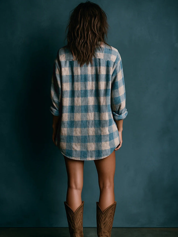 Blue & White Plaid Henley Mini Dress