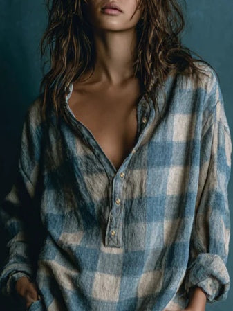 Blue & White Plaid Henley Mini Dress