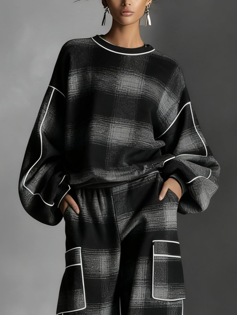 Black & Grey Plaid Sweatshirt & Casual Pants Set